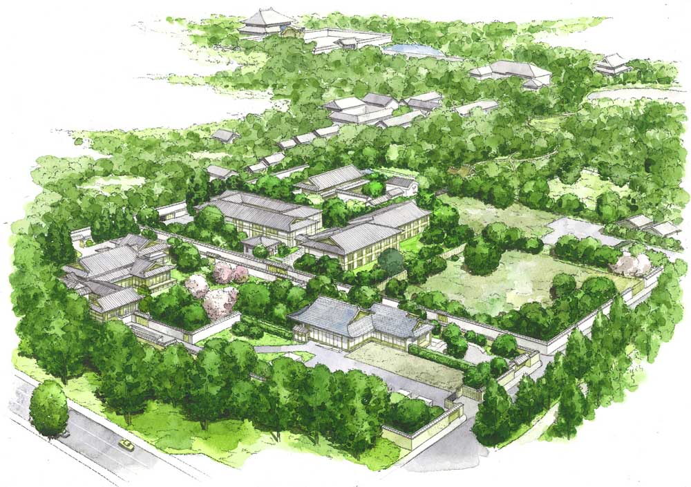 奈良公園の西端、約 9000坪の敷地に 8棟の建物が並ぶ町並みを形成する予定