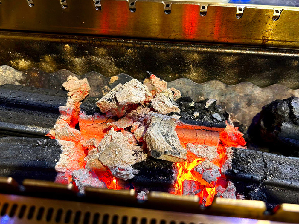 串焼きには炭火が活用される。ちなみに、この炭火が入ったボックスは、テーブルに設置されたボタンで上下する仕様になっており、肉の焼き加減を調整できるだけでなく上下する光景が食事にシズル感を与えてくれる