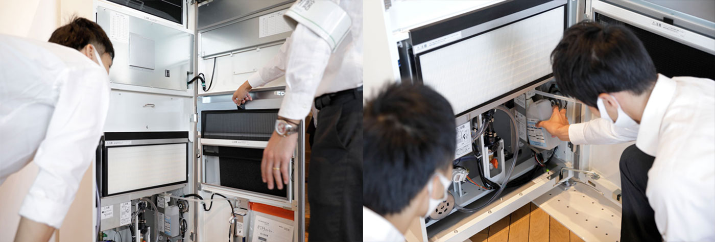 店舗でのメンテナンスは、2週間から１カ月に１回の2カ所のフィルタ清掃と、3週間から４カ月に1回の薬液カートリッジの交換のみで、従業員の負担も少ない。また、クボタの定期メンテナンスは6カ月に1度訪問してくれる