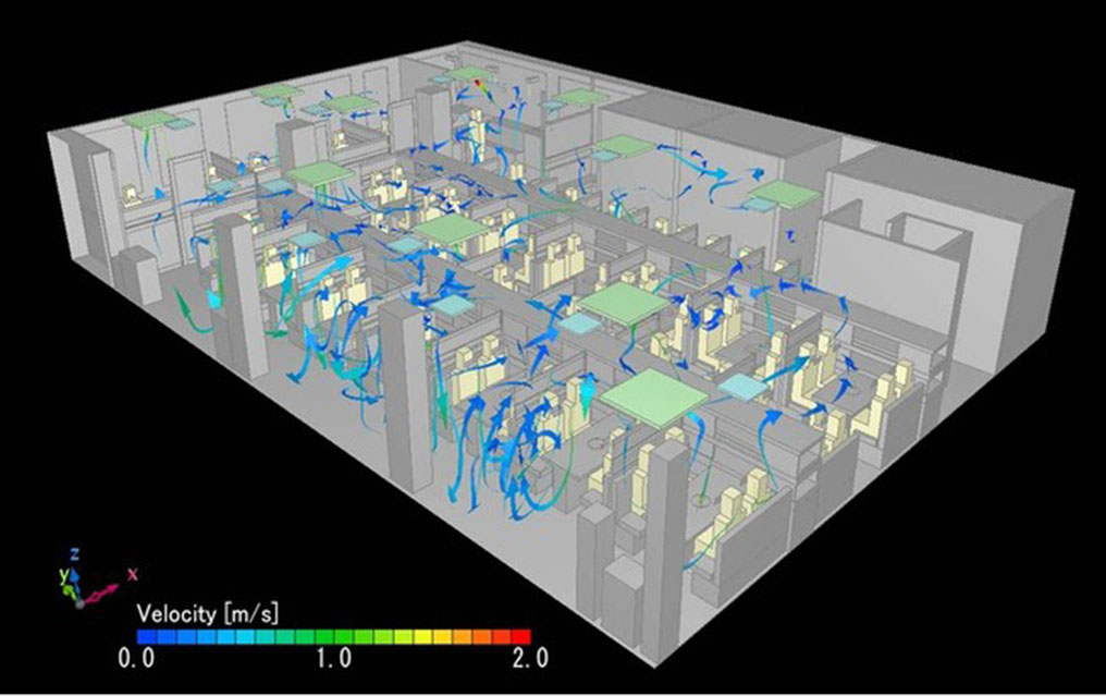 店舗を3D モデル化して気流や飛沫をシミュレーションして可視化