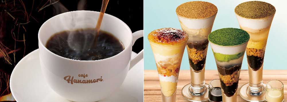 カフェメニューの竹炭焙煎珈琲（左）と生わらび餅たっぷり祇園パフェ