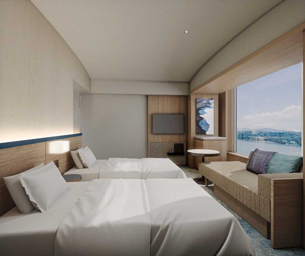 ツインルーム 26m2（イメージ）。眼下に広がる瀬戸内海の景色に呼応したデザイン