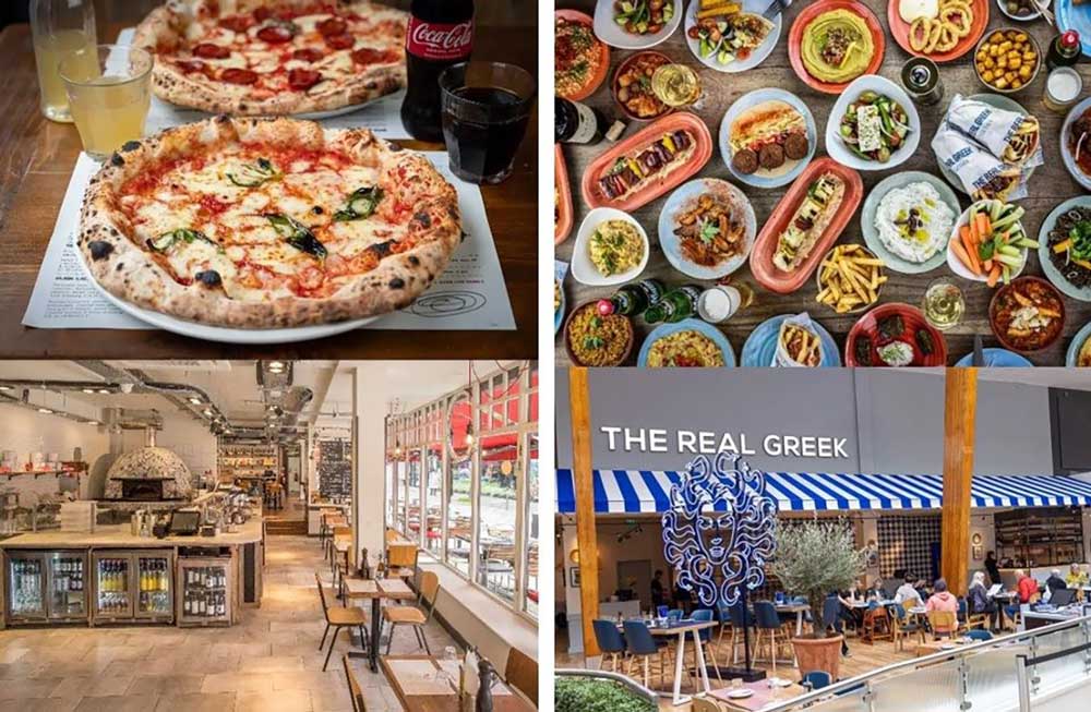 ピザ業態「Franco Manca」（フランコマンカ左）とギリシャ料理「The Real Greek」（ザリアルグリーク）