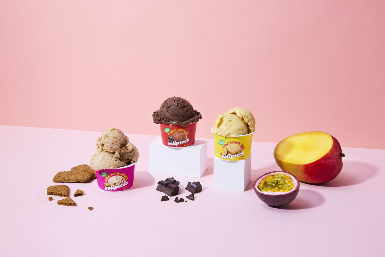 「eclipseco」(アイス ・氷菓、90ml)。左より、クッキーバター、チョコレート、マンゴーパッションの3種で日本進出。おなかが緩くなりやすい素材は使用していない
