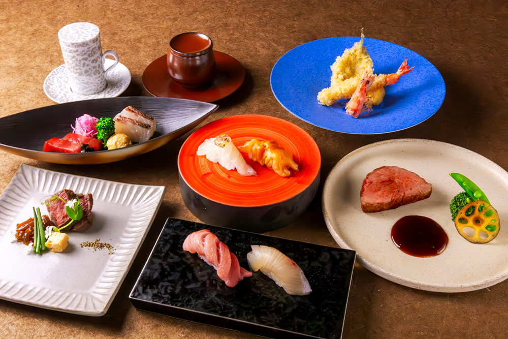 同店のエッセンスをすべて堪能できる“和の饗宴SHARIコース”。和食、寿司、天ぷらに加え、こだわりの和牛ステーキもメニューに含まれている。ステーキは鉄板焼き店で腕を振るってきた精鋭が焼き上げ、こちらも同店を訪れる魅力だ