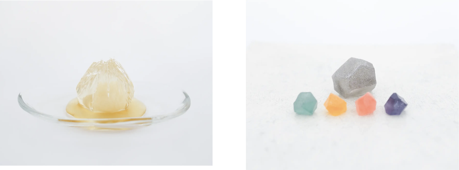 坂本紫穗氏が手掛けたシグネチャー和菓子「nocturne（ノクターン）」（左）とお迎えの一品「hinemos -ひねもす-」