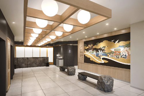 ロビーは浅草の灯り文化を象徴する提灯格子や一文字ぼかしを用いたアートワークを配した