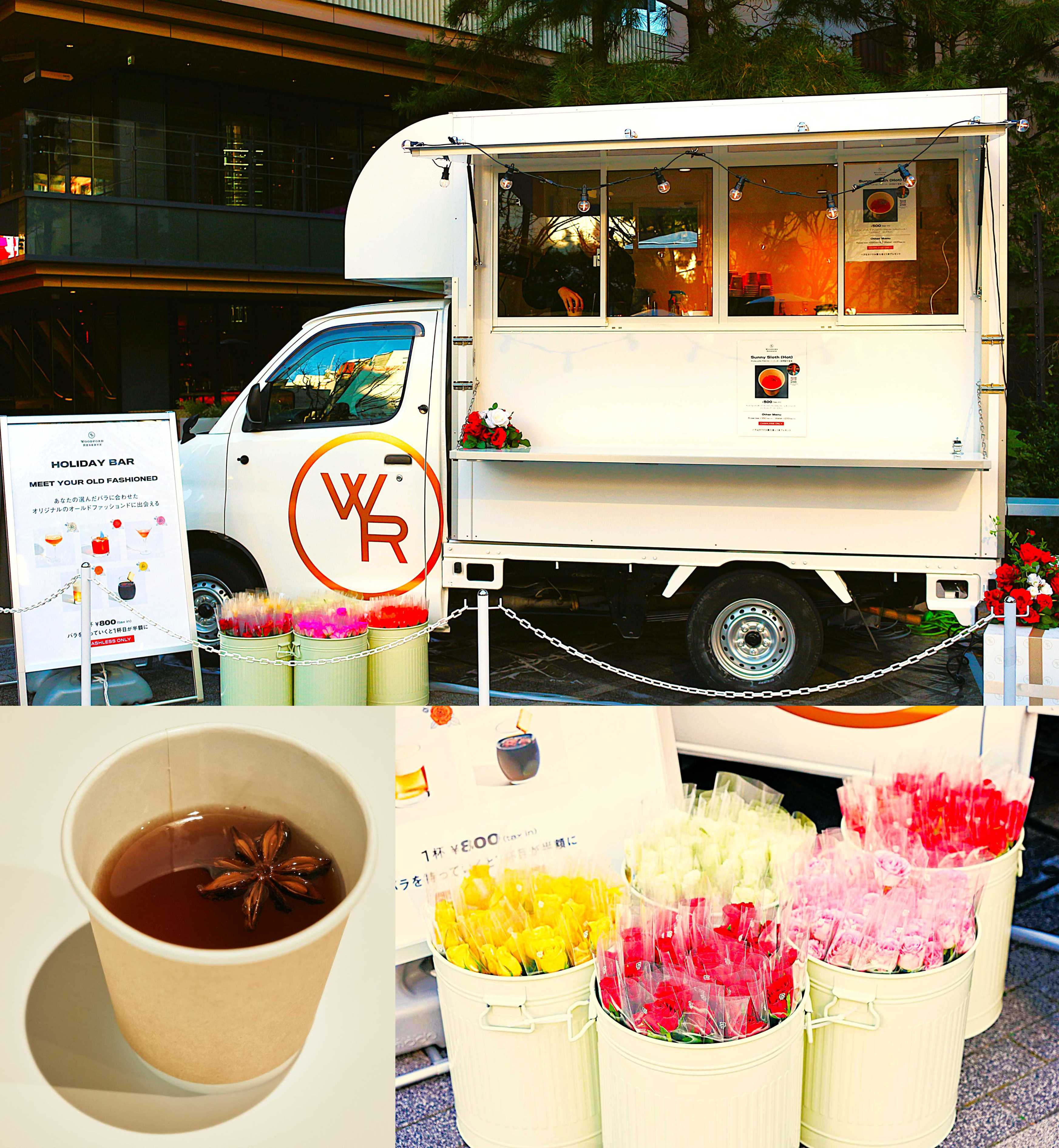 併設のキッチンカー (写真上) , 色とりどりのバラ (写真右下) , FUGLEN TOKYOの荻原聖司氏が監修したホットカクテル「Sunny Sloth」(写真左下)
