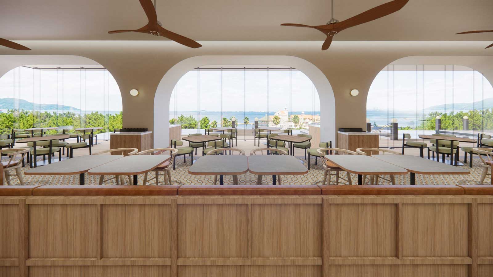 アーチ型の大きな窓が印象的なレストラン内観（イメージ）