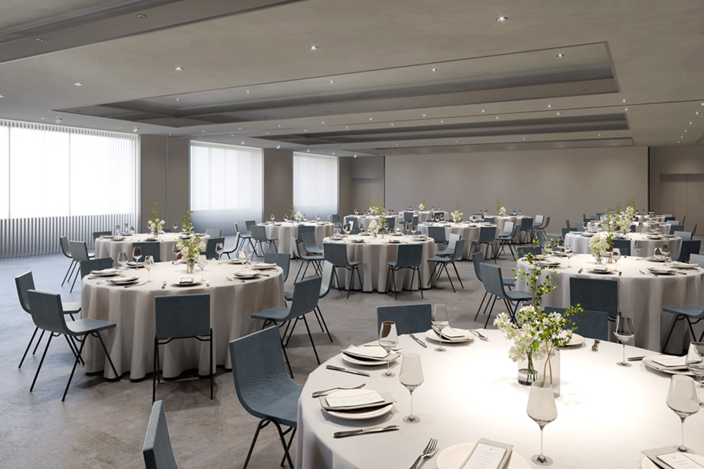 ‟LAZULI BANQUET(画像は着席30名、立食50名が可能なBANQUET3)“。同ホテルには、会議やセミナー、懇親会、プレスイベントからウエディングの二次会まで、幅広い用途に対応するバンケットフロアが3つあり、全会場に100インチフルHDプロジェクターを備えている。BANQUET1と2は連結利用も可能で、既に多くの予約が入っており、問い合わせも多いという