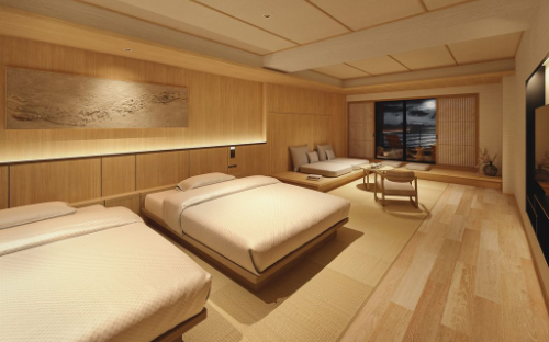 「YOKI MATSUSHIMA」客室、露天風呂や半露天風呂にてかけながしの温泉を楽しめる