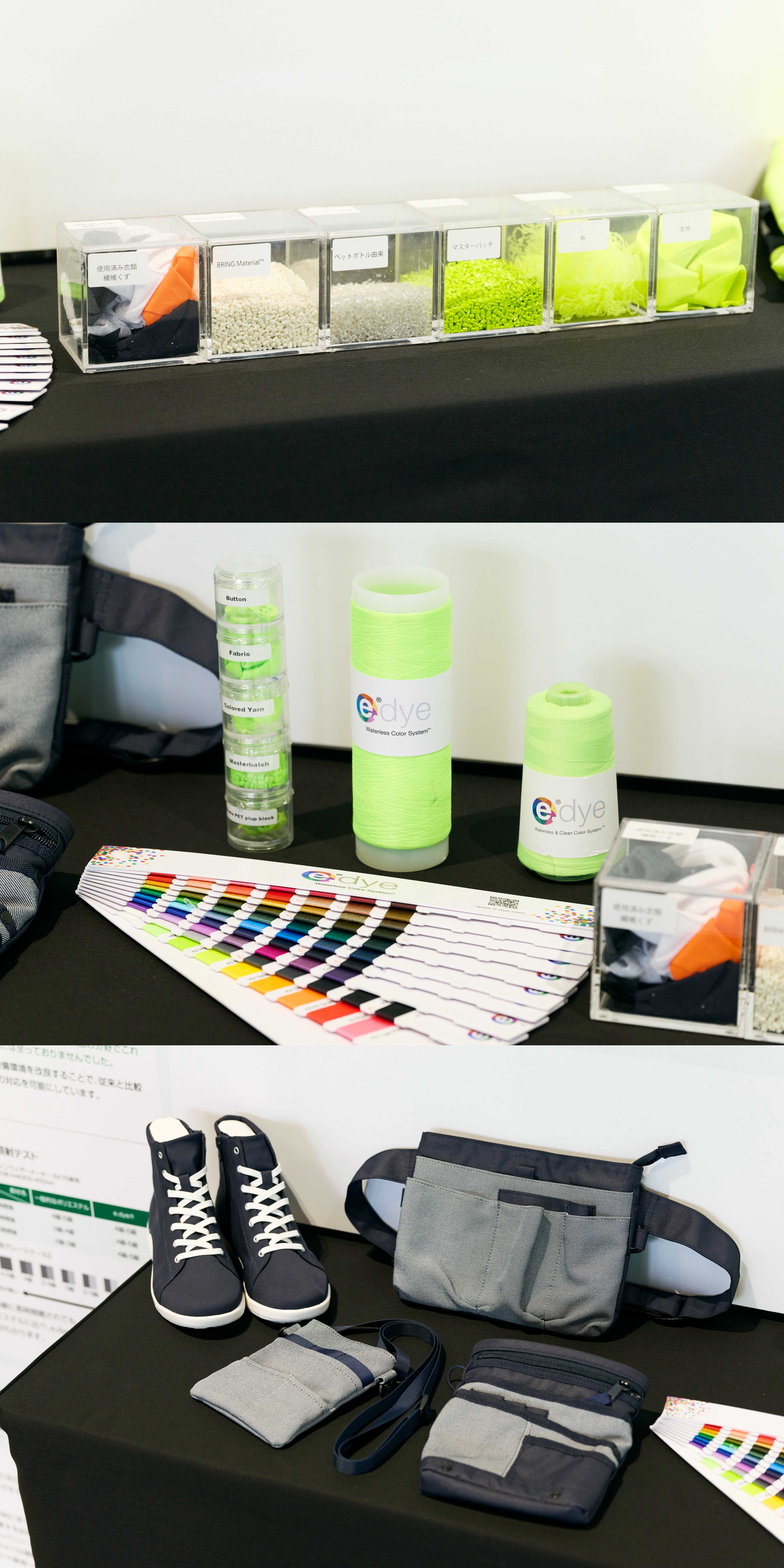 写真：無水染色（原着）技術の糸・生地の説明と実際のプロダクトの紹介